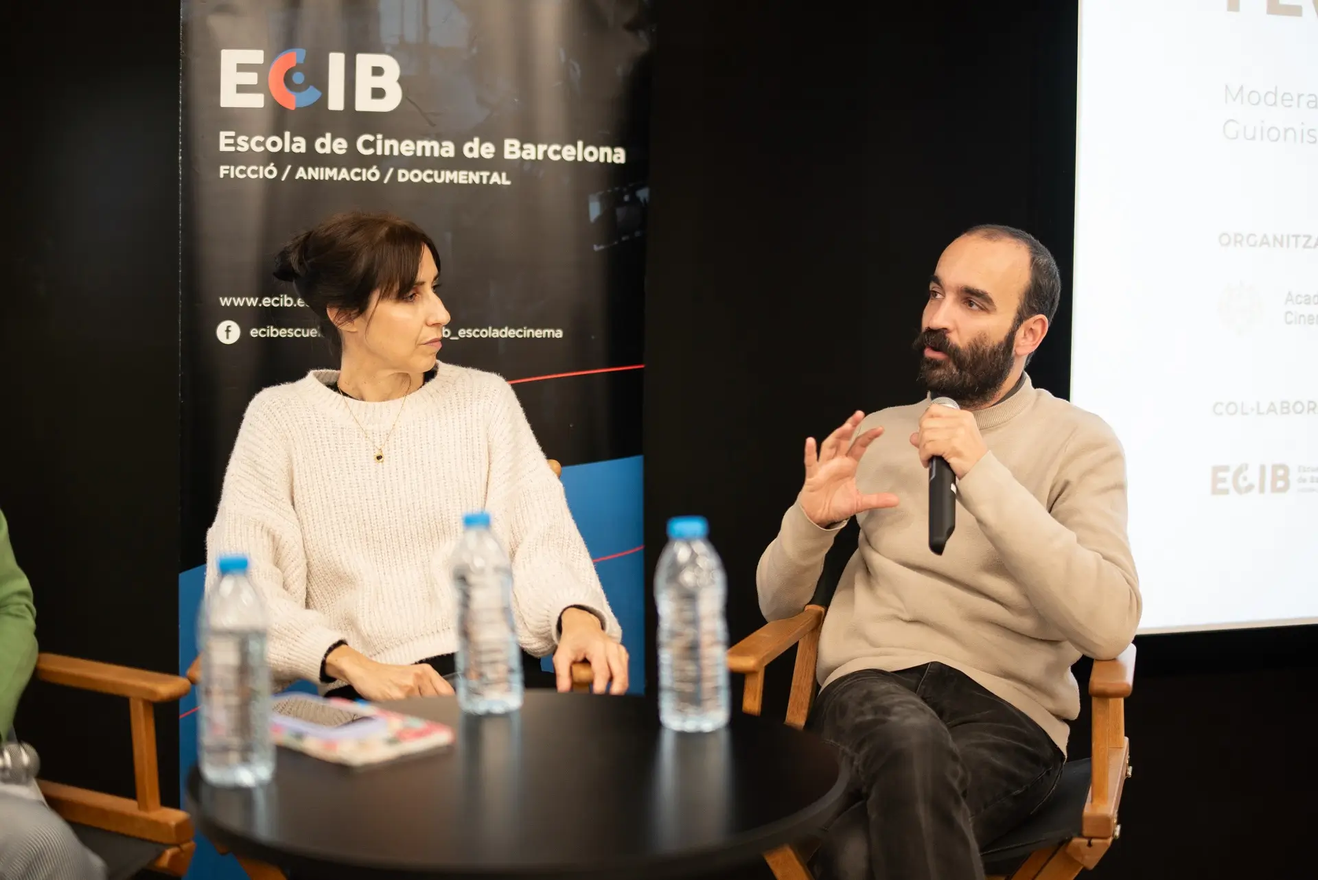 Eduard Sola y Eva Libertad charla sobre guion en ECIB - Escola de Cinema 